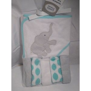 Luvable Friends Baby Unisex Hooded Towel with Five Washcloths, Ikat Elephant